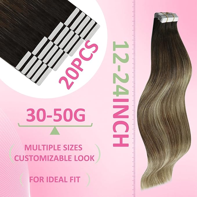 YoungSee Tape in Hair Extensions Human Hair Balayage Dark Brown Tape in Hair Extensions Dark Brown Ombre Medium Brown with Blonde Hair Extension Tape-in -Remy Hair Extension 14In 20pcs 50g