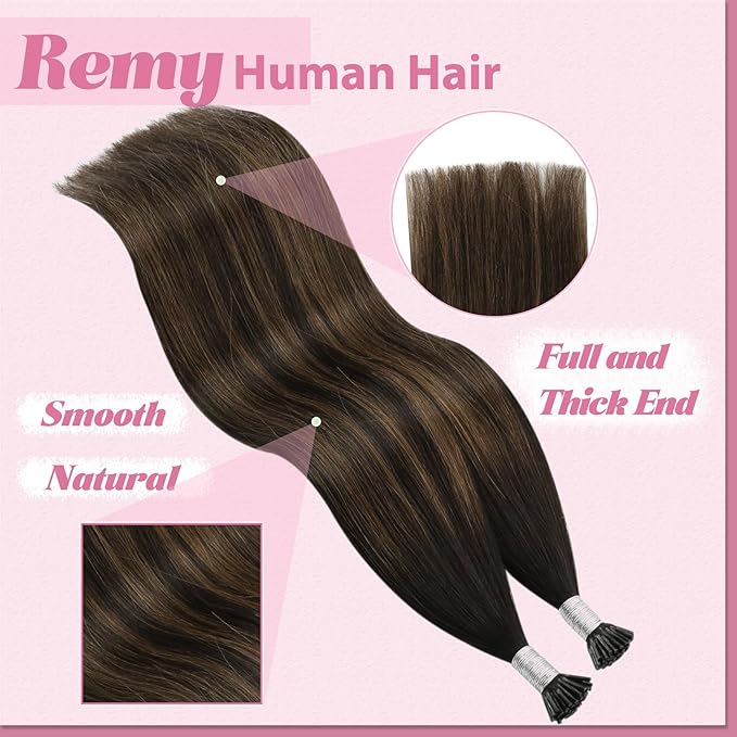 YoungSee I Tip Hair Extensions Brown 24 Inch Itip Hair Extensions Real Human Hair Dark Brown Balayage with Brown Itips Hair Extension Human Hair Ombre I-Tip Extension Long Hair 50g 50s