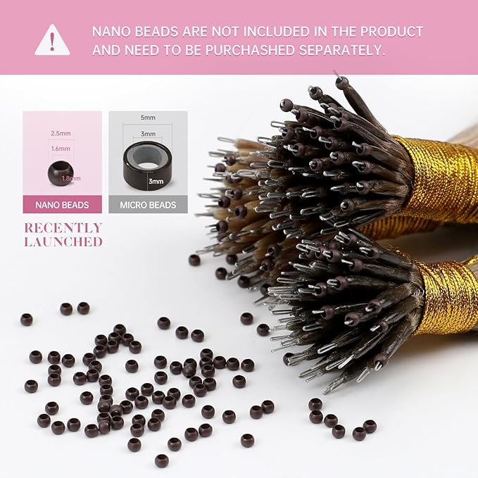 YoungSee Nano Hair Extensions Real Human Hair Balayage Dark Brown with Ash Blonde Human Hair Nano Extensions for Women Pre Bonded Nano Brown Hair Extension Straight Cold Fusion 16inch 50g/50s
