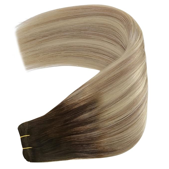 YoungSee 100G Sew in Hair Extensions Real Human Hair Ombre Blonde Weft Hair Extensions Brown Roots to Golden Blonde Mix Platinum Blond Weft Extensions for Short Hair 14Inch