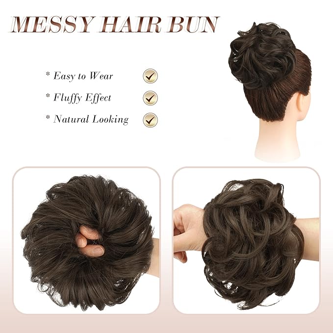FESHFEN Messy Bun Hair Piece - Large Elastic Wavy Curly Hair Bun Scrunchies Ponytail Extensions Synthetic Chignon Hairpieces for Women, Golden Brown 1.94oz
