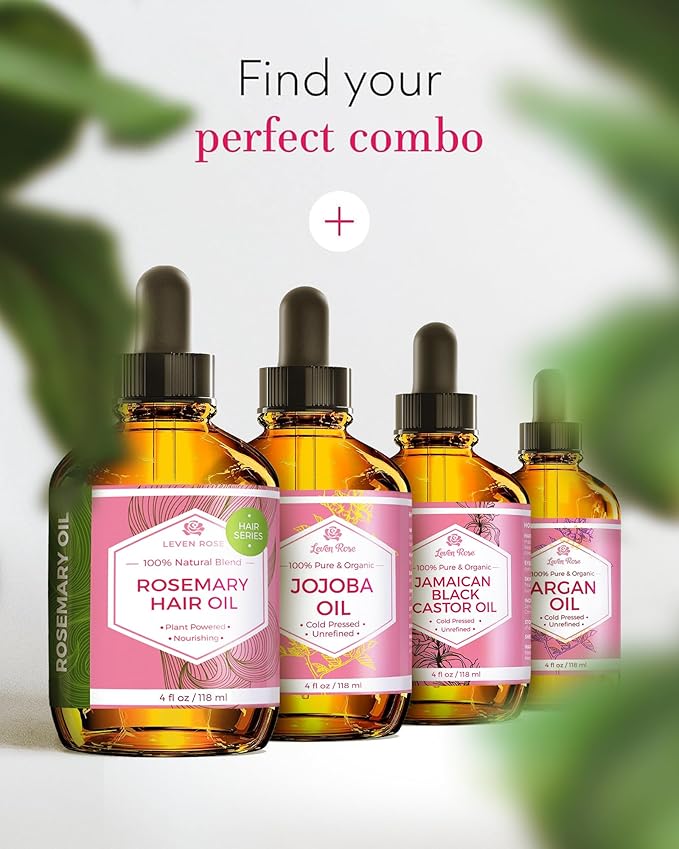 Leven Rose Organic Rosemary Hair Growth Oil with Castor, Rosemary, Peppermint, Jojoba, Argan, Pumpkin Seed, Horse Tail Extract, Evening Primrose for all Hair Types, Natural, 2 oz
