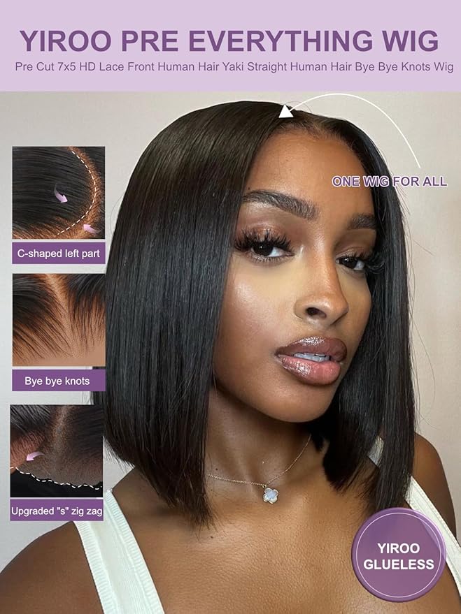 YIROO Yaki Straight Bob Human Hair Drawstring Wigs Pre Cut 7x5 HD Lace Front Wig Bye Bye Knots Glueless Yaki Short Bob Human Hair Wigs Pre Plucked Invisible Knots 150% Density Ready to Go 10Inch