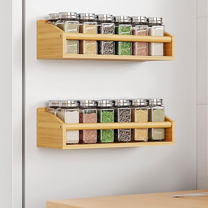 2 Pack Magnetic Spick Rack for Refrigerator, Fridge Organizer Shelf, Bamboo Wood