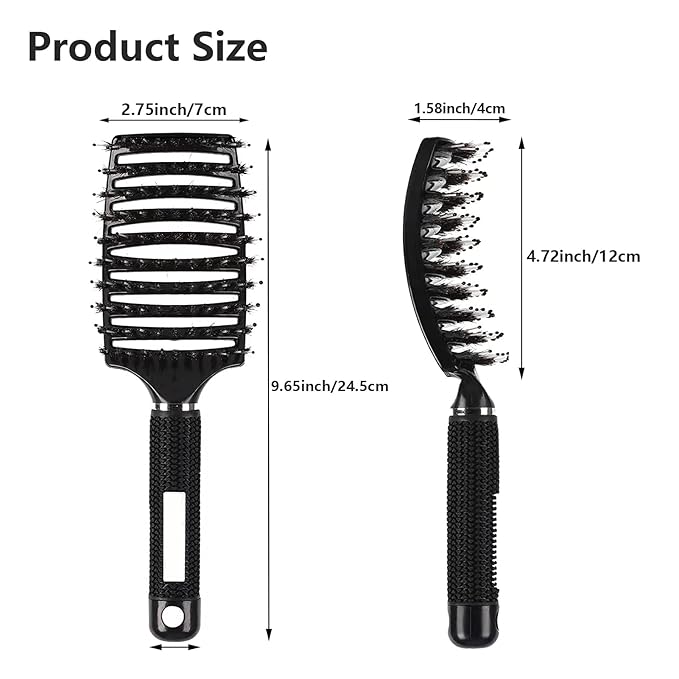 2PCS Curved Vented Hair Brush Boar Bristle Hair Brushes Paddle Detangling Brush Professional Styling Hairbrushes Detangler for Women/Men/Kids Wet Dry Thick Curly Straight Hair (Gold+Black)