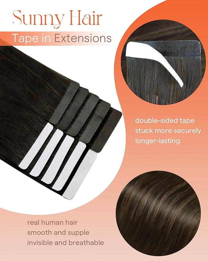 Sunny Hair Tape in Hair Extensions Real Human Hair Invisible Remy Hair Extensions Tape ins for Women Darkest Brown Ombre Medium Brown Balayage 12 inch 20G