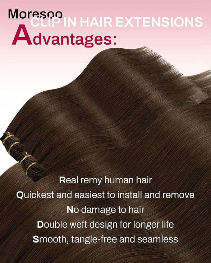 Moresoo Seamless Clip in Hair Extensions Dark Brown Hair Extensions Clip ins Straight 14inch Clip on Extensions Human Hair for Thin Hair for Daily use 7pcs/120g