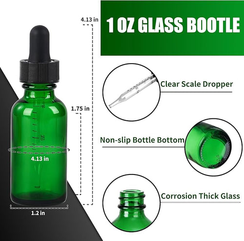 24 Pcs, 1oz Glass Dropper Bottle, Leakproof Tincture Bottles with Dropper, Green Reusable Eye Dropper Bottle for All Kinds of Liquids (Green, 1oz-24pcs)