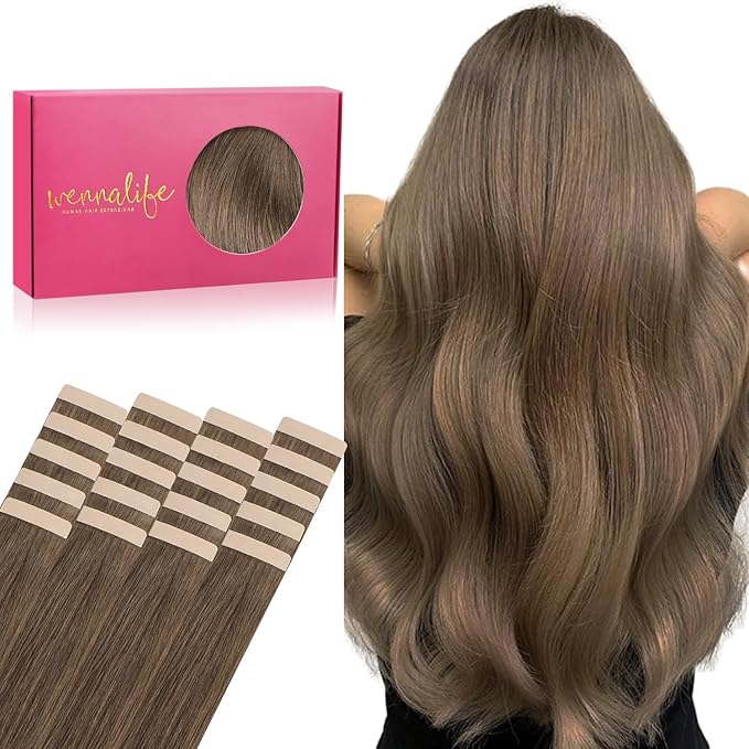 WENNALIFE Tape in Hair Extensions Human Hair, 20pcs 50g 16 inch Light Ash Brown Remy Hair Extensions Straight Human Hair Tape in Extensions Skin Weft Tape Extensions Human Hair