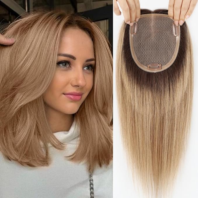 HAIRCUBE Hair Toppers for Women 100% Real Human Hair,Ombre Ash Blonde,6"*5.5"MONO Large Base,65g Hand-moven Real Human HairToppers for Women with ThinningHair