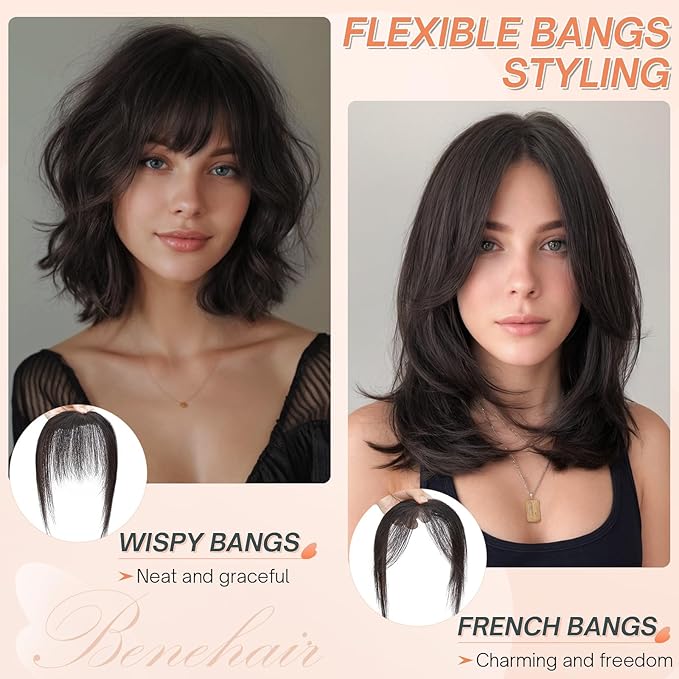 Benehair Clip on Bangs for Women Human Hair, Fake Bangs Clip Human hair, Middle Part Bangs Clip in Hair Extensions Hair Pieces with Temples for Daily Wear (Natural Black)