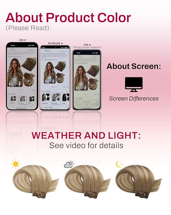 Moresoo Seamless Clip in Hair Extensions Human Hair Ombre Light Brown Mixed Golden Blonde Balayage Human Hair Seamless Clip in Extensions PU Weft 7pcs/120g 16inch