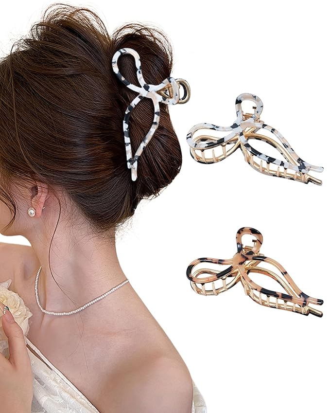 ACECHA 2 Pack Gold Metal Bow Hair Claw Clips for Women, 4.5" Colorful Non-slip Hairclips for Thick Thin Hair Claws Strong Hold Styling (Leopard)