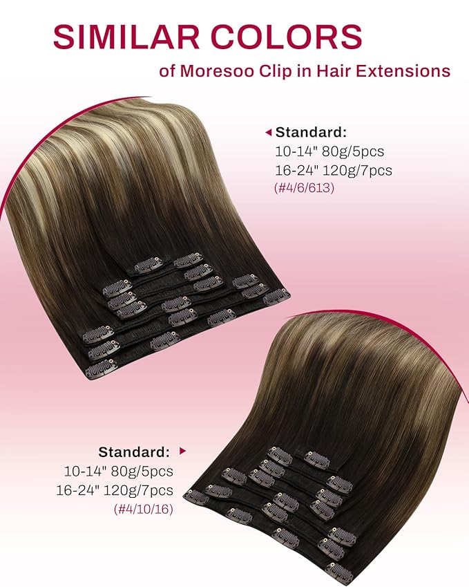 Moresoo Clip in Hair Extensions Balayage Remy Straight Human Hair Extensions Clip in Ombre Dark Brown Mixed Medium Brown with Blonde Full Head 7 Pieces 120G 18 Inch
