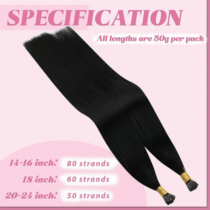 YoungSee I Tip Hair Extensions Black Human Hair Extensions I Tip Jet Black 24Inch 50g I Tips Hair Extension Real Human Hair Long Hair Extension Tip Natural Look for Black Women 50s