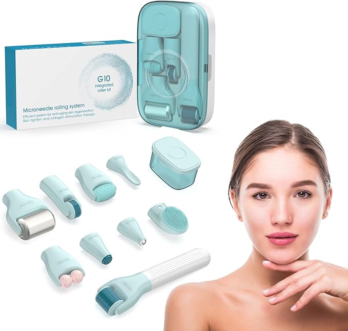 10 in 1 Derma Roller Kit for Face and Body-Face Roller&Face Brush，0.25mm Microneedling Pen MicroneedleRoller, Facial Beauty Roller Skin Care Tools with 10 Replaceable Heads and Storage Case