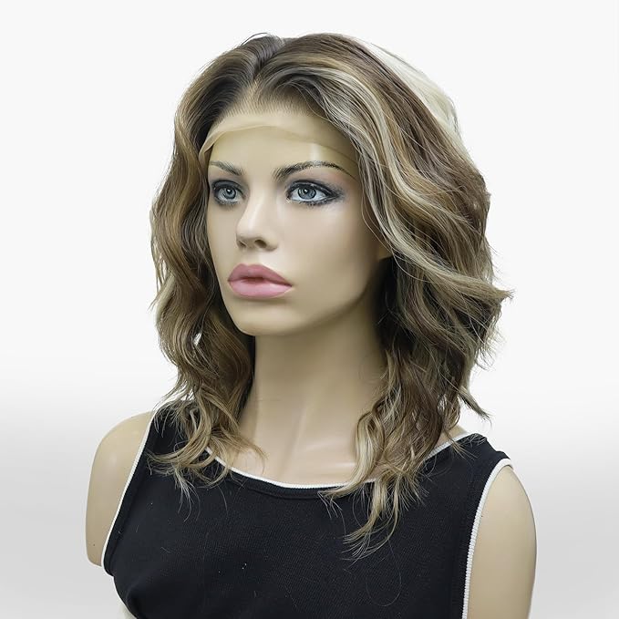 IMSTYLE Vibe Brown Blonde Lace Front Wigs Short Bob Wavy Wigs Synthetic Hair Wig Free Part with Natural Hairline Shoulder Length for Women (Vibe Brown Blonde)