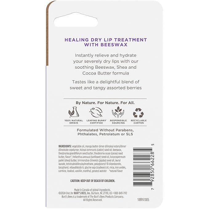 Burt's Bees Rescue Lip Relief, Berry Medley, Hydrating Lip Balm for Dry Cracked Lips, with Responsbily Sourced Beeswax and Shea Butter, 100% Natural Origin, 1 Squeezy Tube, 0.35oz