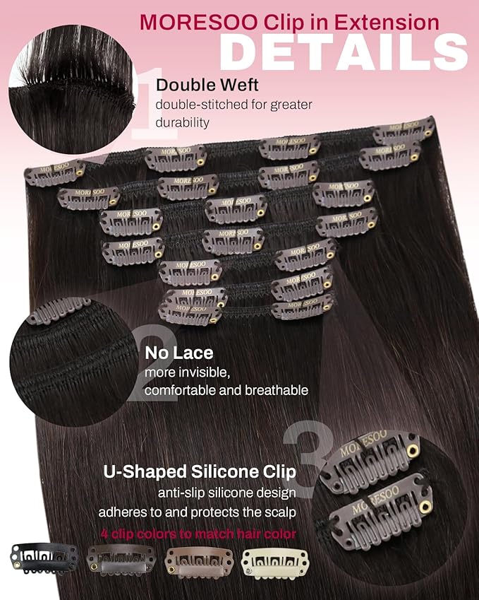 Moresoo Brown Hair Extensions Clip ins Real Human Hair Double Weft Clip on Hair Extensions Human Hair Dark Brown Inivisible Thick Brown #2 7pcs/150g 22inch