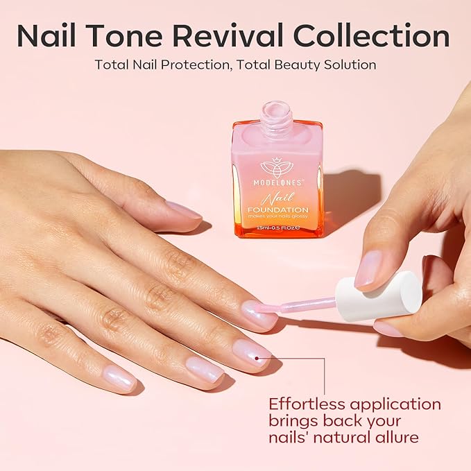 modelones Nail Strengthener, Sparkle Pink Nail Natural Concealer Foundation Polish Air Dry Nail Growth Polish for Damaged Nails Imperfection Masking Gifts for Women 15ml