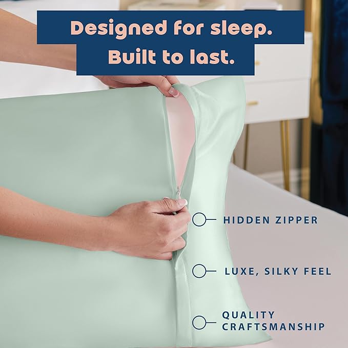 BLISSFORD Satin Pillowcase with Zipper, for Hair and Skin Care, Feels Soft and Cool Like a Silk Pillowcase, Satin Pillow Cases 2 Pack, Slik Pillow Cover, Mint - Queen Size, Set of 2