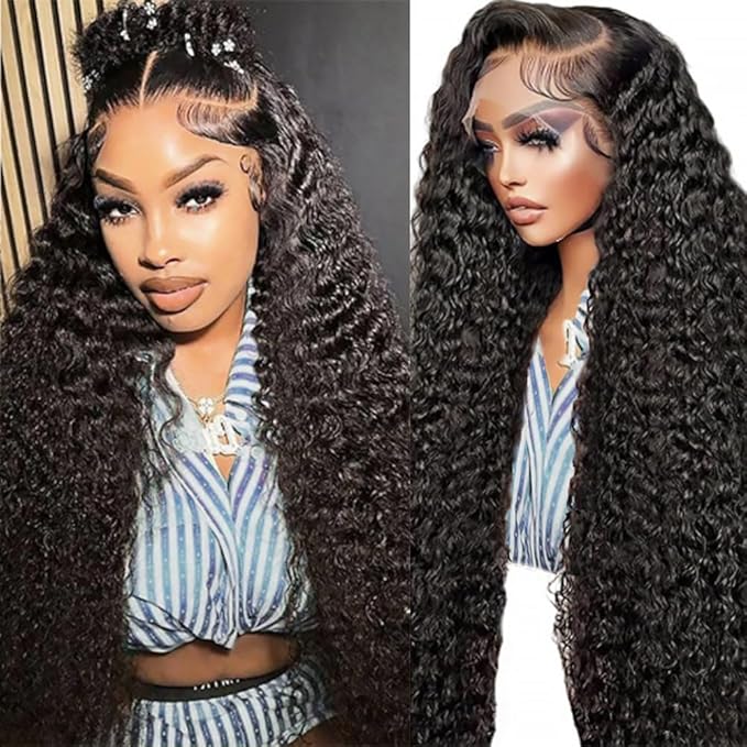 SOSATISFY 13x6 Deep Wave Lace Front Wigs Human Hair Pre Plucked 26 Inch HD Transparent Lace Frontal Curly Wigs 200% Density Glueless Deep Curly Wigs For Women Natural Black