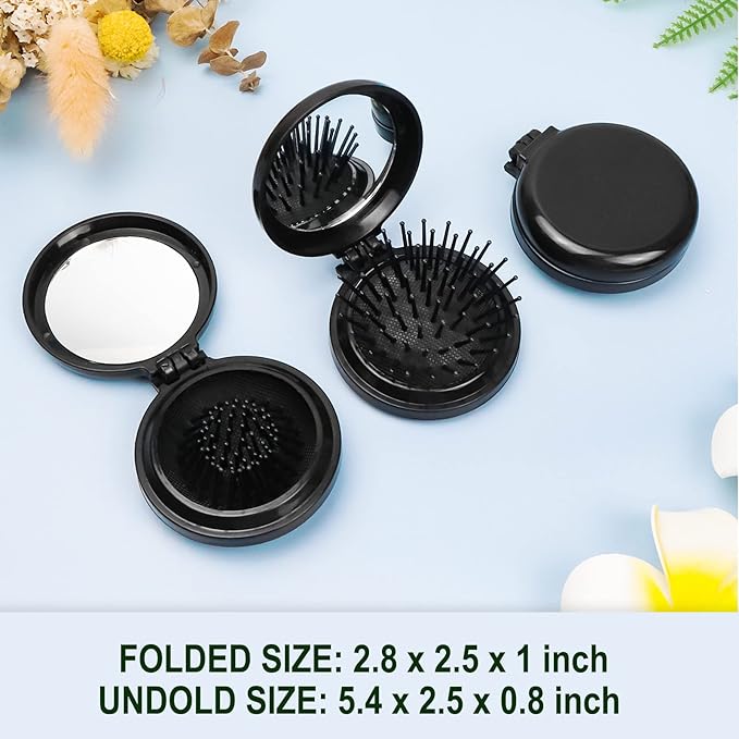 10 Pack Folding Travel Mini Hair Brush with Mirror, Round Hair Brushes Folding Pocket Hair Brush Mini Hair Comb for Women and Girls (Black)