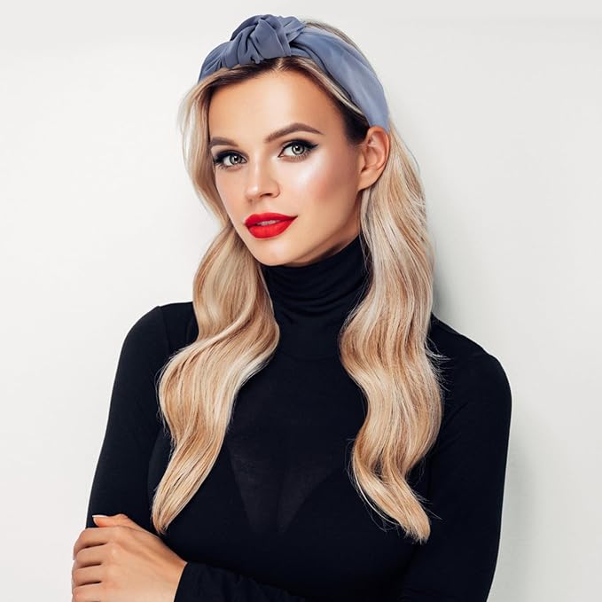 VELSCRUN White Blue Satin Knotted Headband - Wide Non-Slip Silk Turban Headbands for Women's Fashion, Hair Styling Accessories, and Gifts