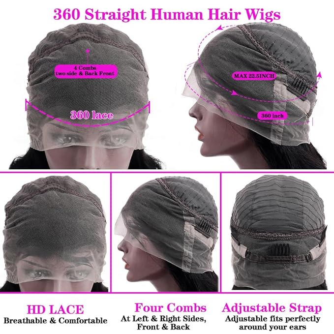 sdamey 360 Straight Lace Front Wigs Human Hair HD Transparant Full Lace Wigs For Women 200 Density Wigs Human Hair Pre Plucked With Baby Hair 12A Brazilian Virgin Hair Natural Color 24inch