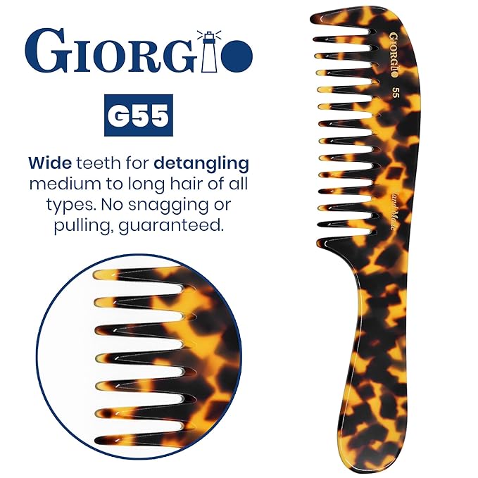 Giorgio G55 Wide Tooth Comb for Wet Hair Detangling Comb, Hair Comb for Thin to Medium Thickness Hair Detangler, Hair Combs for Women, Handmade Large Tooth Comb Rake Comb Saw-Cut and Hand Polished