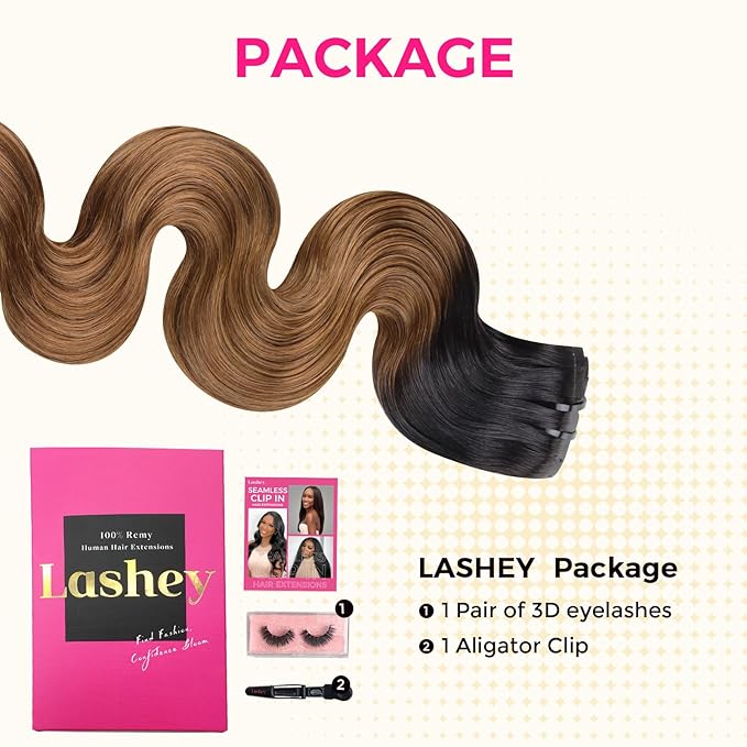 Lashey Seamless Clip in Hair Extensions Human Hair 110g 7pcs Body Wave Ombre Natural Black to Medium Auburn Real Human Hair Hair Extensions 24 Inch