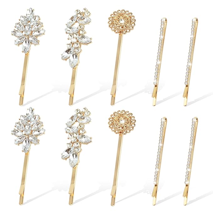 10 Pieces Rhinestone Hair Clips, Crystal Bobby Hair Pins Decorative Rhinestone Hair Barrettes for Wedding, Leaf Feather Sunflower Hair Clips Metal Hair Accessories for Women,4 Styles(Gold)