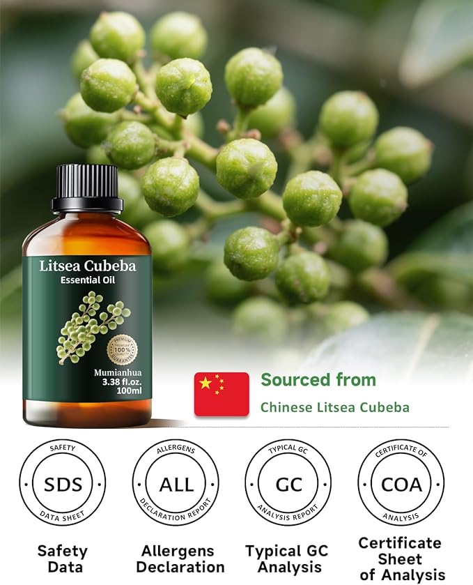 Mumianhua Litsea Cubeba Essential Oil 100% Pure Litsea Cubeba Oil Natural May Chang Essential Oil for Aroma & Diffusers, Massage, Skin Care, Hair Care, Candle & Soap Making 3.38 Fl Oz