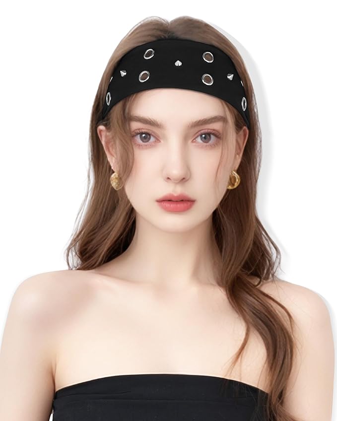 Grommet Headband for Women, Black Triangle Studs 23cm Hollow Out Elastic Hair Band, Eyelets Punk Grunge Stylish Hairband