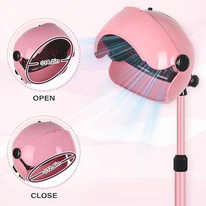 Professional Hooded Hair Dryer Pink,Stand Hair Dryer Bonnet with 3 Temperature Settings,Height Adjustable Sit Under Dryer on Wheels