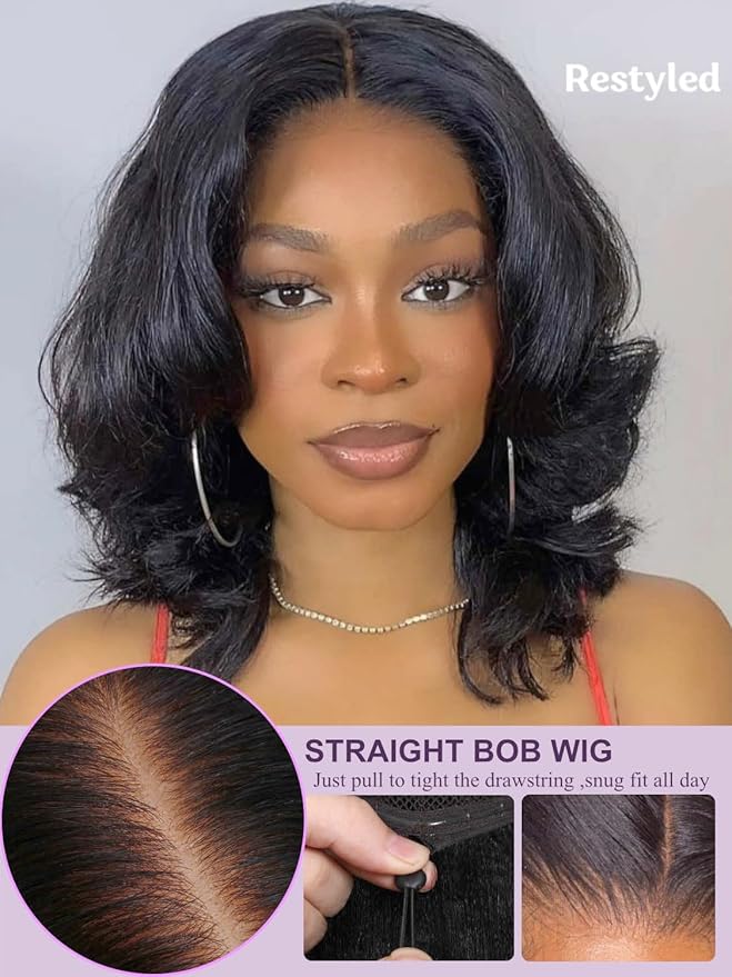 YIROO Bye Bye Knots 7x5 Lace Straight Bob Wig Glueless Human Hair Wig with Elastic Drawstring,Pre Plucked Pre Cut Short Bob Lace Closure Wig Wear and Go Natural Color 150% Density 12Inch