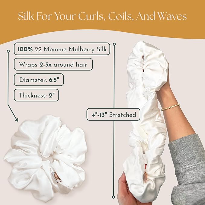 Silk Scrunchies for Women Ponytail Holders – Oversized Mulberry Silk Scrunchies – Extra Large No Damage Hair Ties for Curly, Thick, and Thin - Hair Accessories for Women – White, XL By Curlfriend