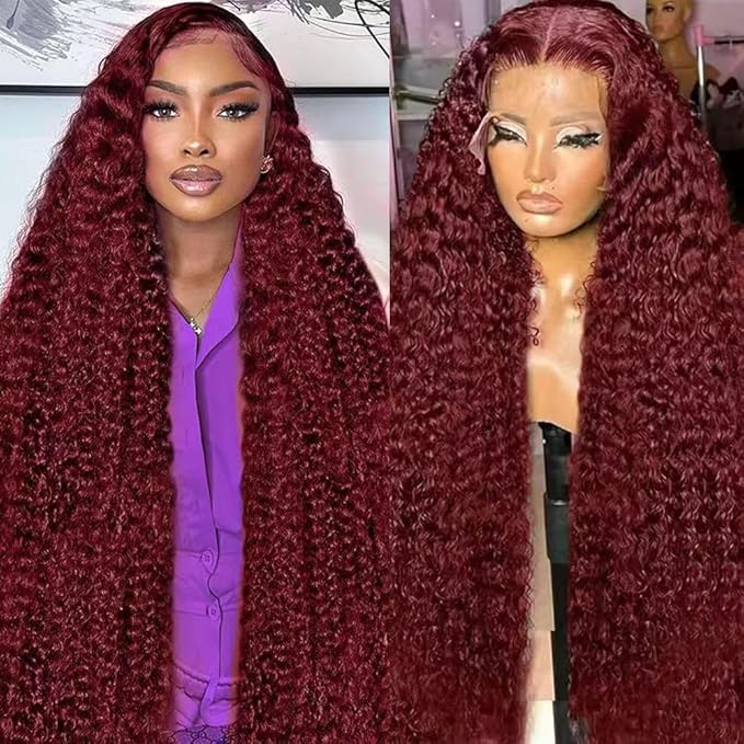 34 Inch Burgundy Wig Human Hair 13x6 Deep Wave Lace Front Wigs Pre Plucked 99j Burgundy HD Lace Front Wigs 200 Density Red Frontal Glueless Wig with Baby Hair for Women