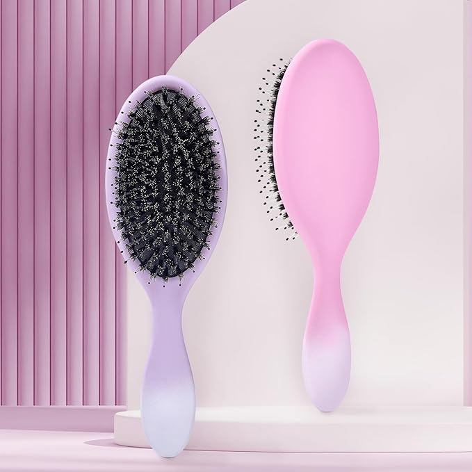 Boar Bristles Hair Brush for Women and Men, Detangling Hair Brush for Smoothing Massage Add Shine, Nylon&Boar Bristles Detangler brush for Hair Healthy (1 Pcs-Pink&White)