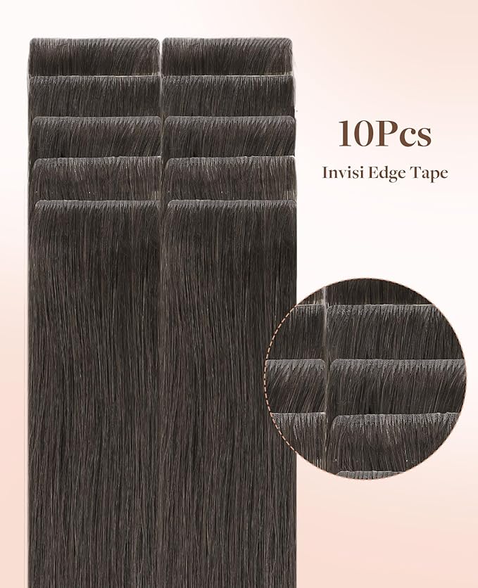 GOO GOO Invisi Edge Tape in Hair Extensions Human Hair, 1C Mocha Brown, 10pcs 20inch 30g, Virgin Remy Hair, Seamless Injected Tape, Natural Look