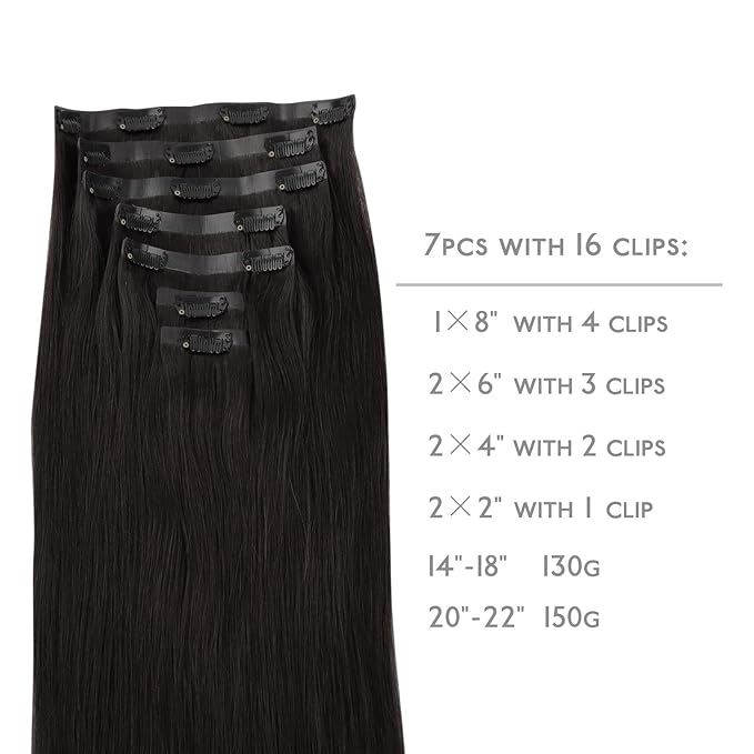 WENNALIFE Seamless Clip In Hair Extensions, 14 Inch 130g 7pcs Natural Black Hair Extensions Clip in Human Hair Invisible PU Skin Weft Natural Remy Human Hair