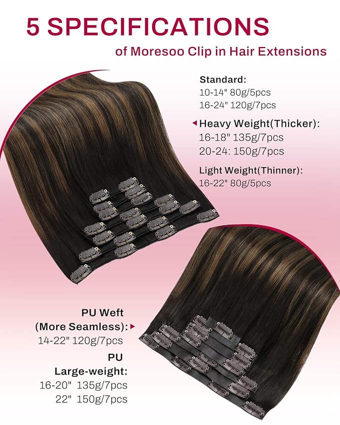 Moresoo Clip on Hair Extensions Human Hair Ombre Dark Brown Mixed with Chestnut Brown Balayage Clip in Human Hair Extensions Double Weft 7pcs 150g 24Inch