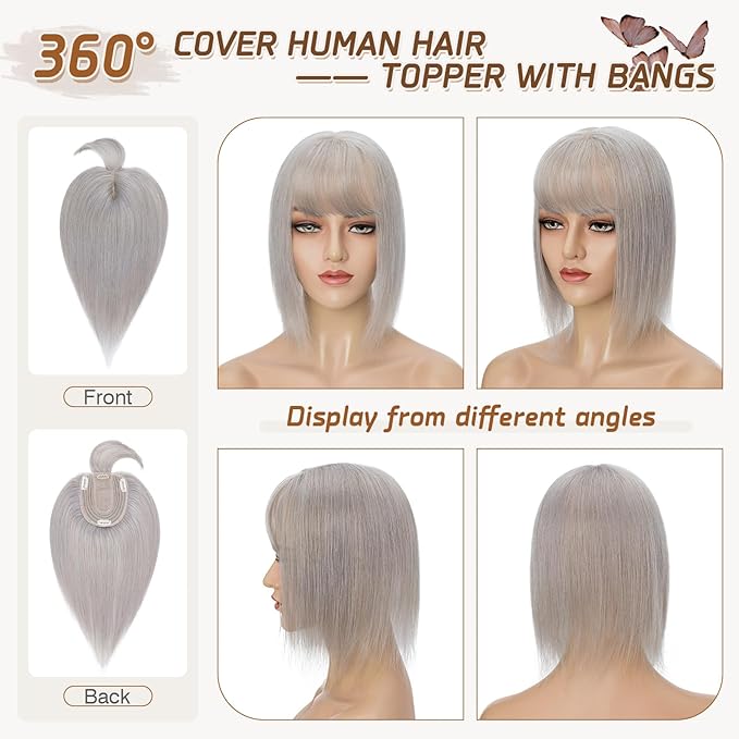 Rich Choices Real Human Hair Toppers for Women With Bang 100% Remy Human Hair Topper for Thinning Hair Clip in Silk Base Hair Topper 14 Inch GREY