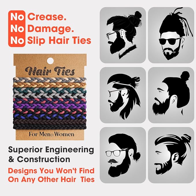 EasYoung 10pcs Braided Hair Ties for Thick, Curly Hair - No Crease Coils for Men's Buns & Women's Long Hair