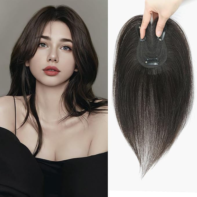 YAMI Hair Toppers for Women Fluffy Human Hair Topper 10inch Handmade Swiss Base Hairpieces 360° Cover Hairloss (Dark Brown)