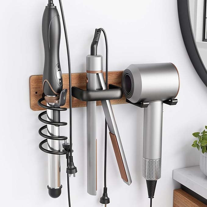 Tindbea Hair Dryer Holder Curling Iron Holder Flat Iron, Blow Dryer Holder Wall Mount, Bathroom Hair Tool Organizer Rack for Universal Dryer (Sapele Wood Matte Metal, Matte Black)