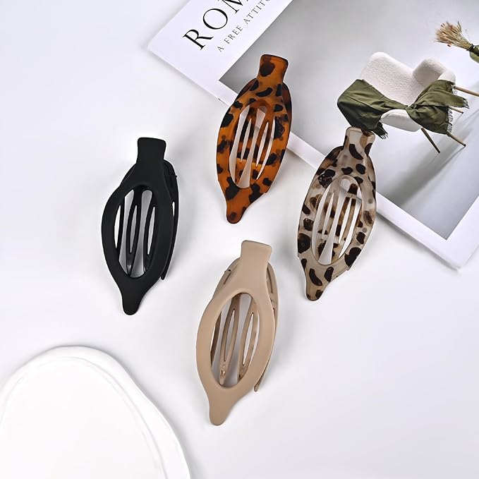 4 PCS Large Flat Hair Clips for Women Girls, French Concord Lay Down Claw Clips for Thick Thin Hair, No-Slip Duck Billed Barrettes, Tortoise Print Stylish Strong Hold Hair Accessories - Leopard2