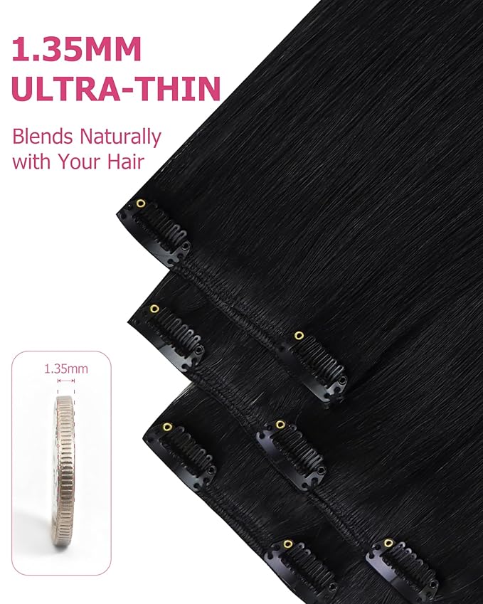 YoungSee 85G Clip in Human Hair Extensions Black Short Human Hair Clip in Extensions Jet Black Clip ins Hair Extension Real Human Hair Natural Short Hair Extension for Women 12Inch 7Pcs