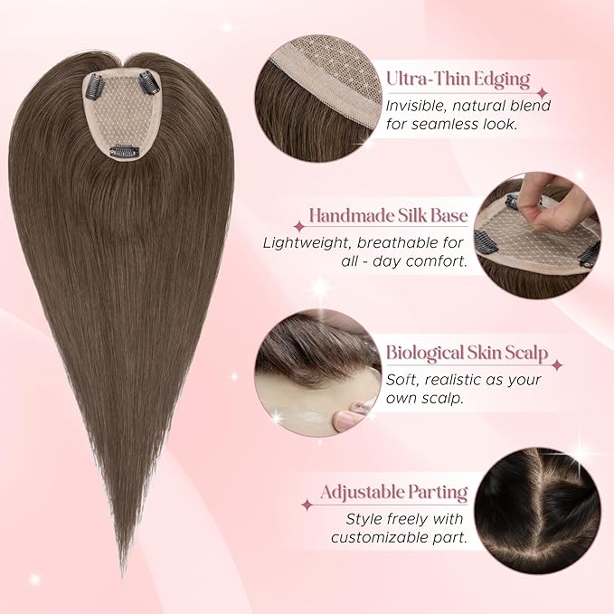 Real Human Hair Toppers for Women 3.54"*4.72" Silky Base 150% Density No Bangs Adjustable Parting Clip-In Topper Hairpieces for Women with Thinning Hair 12 Inches Natural Brown