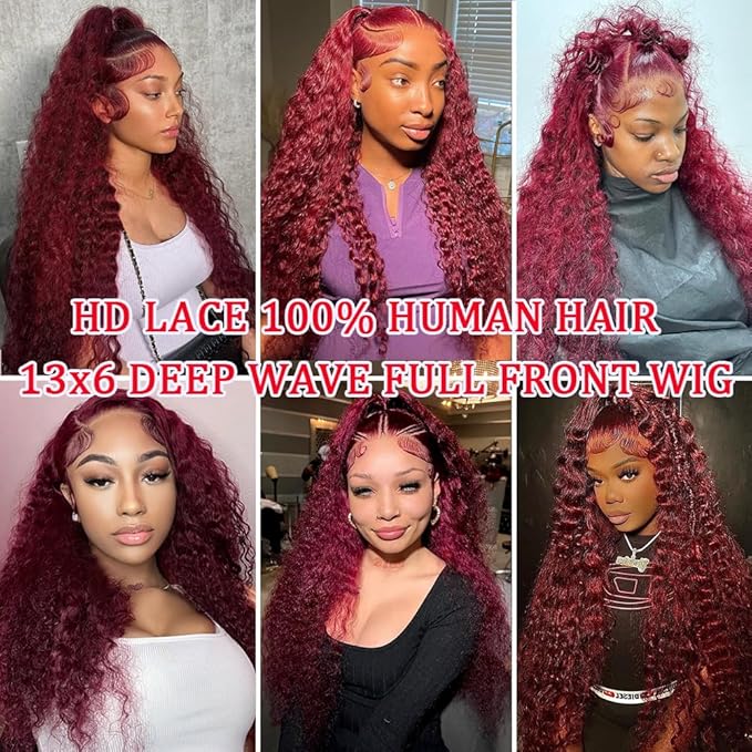 34 Inch 13x6 Burgundy Lace Front Wigs Human Hair Deep Wave Red Frontal Deep Wave HD Lace Front Wigs Human Hair Red Burgundy Wet Wavy 200 Density